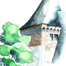 Peint à l'aquarelle in situ par Cécile Van Espen, une des tours du château de Pau soulignée par un magnolia