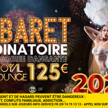 "Venez vivre un Réveillon magique au Casino Tranchant de Pau ! Une soirée Cabaret inoubliable avec un dîner dînatoire raffiné et une ambiance festive dans le Royal Lounge. Tarif : 125€ par personne. Réservez vite pour célébrer 2025 en beauté !"