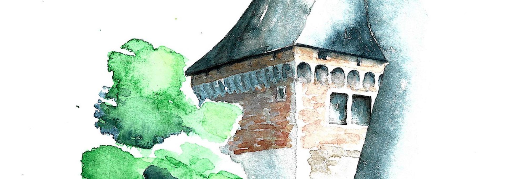 Peint à l'aquarelle in situ par Cécile Van Espen, une des tours du château de Pau soulignée par un magnolia