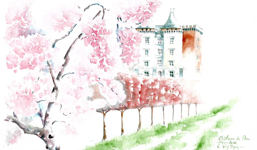 Aquarelle peinte alors que le magnolia de Soulanges était en fleurs, la façade ouest du château est en fond à droite