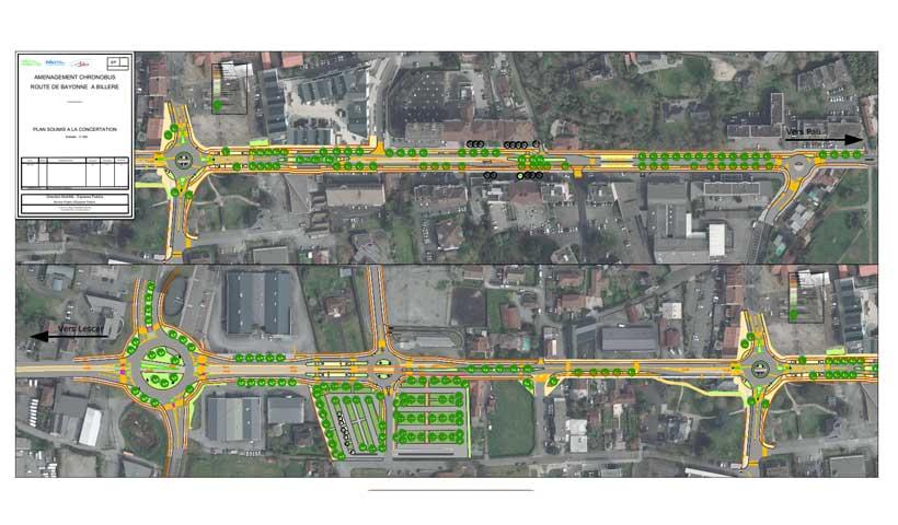 Plan d'aménagement du Chronobus route de Bayonne à Billère