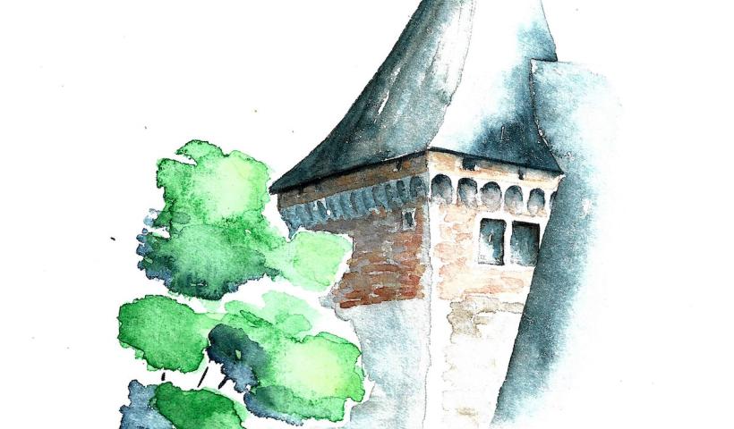 Aquarelle, château de Pau, tour Billère, aquarelle Cécile Van Espen