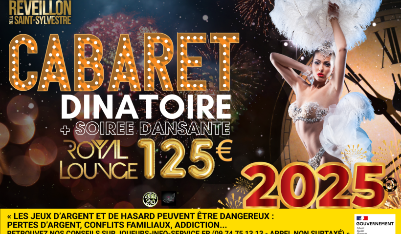 "Venez vivre un Réveillon magique au Casino Tranchant de Pau ! Une soirée Cabaret inoubliable avec un dîner dînatoire raffiné et une ambiance festive dans le Royal Lounge. Tarif : 125€ par personne. Réservez vite pour célébrer 2025 en beauté !"