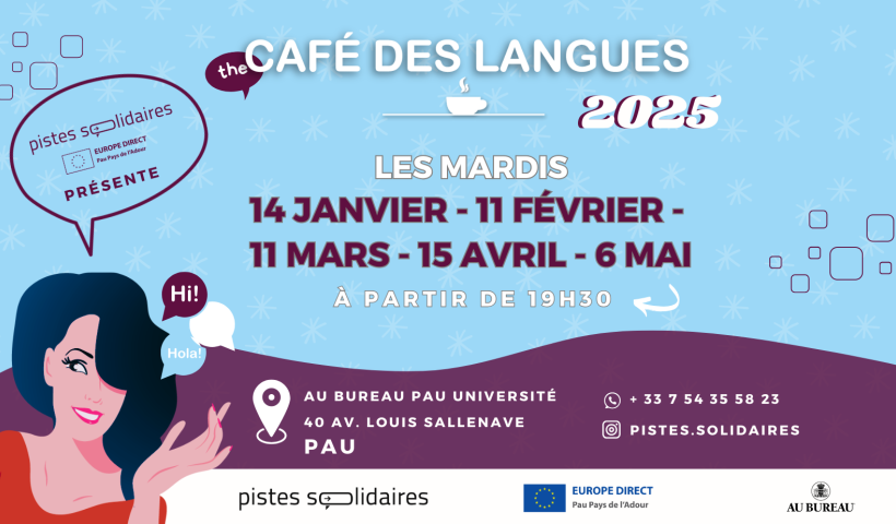 Affiche Cafés des Langues (Pistes Solidaires) entre janvier et mai 2025.